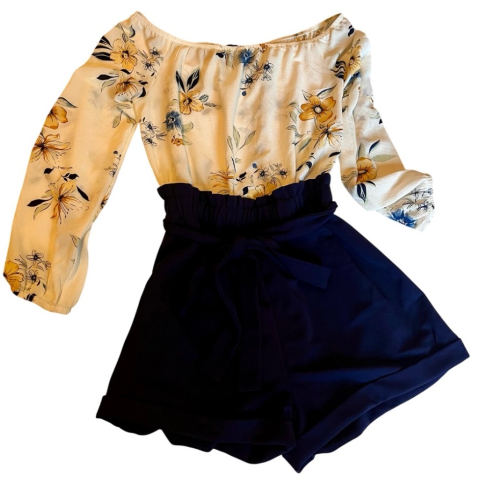 Streetwear Society Floral Off-Shoulder Romper – Navy & Cream, Size L